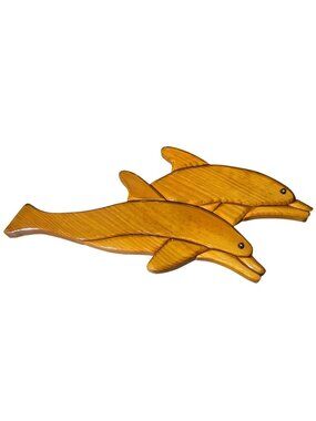 Dolphin Wall Art Vintage 17 Inch Intarsia Wood Sculpture Coastal Cottage Tiki